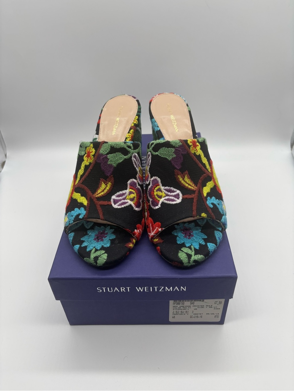 Stuart Weitzman Black Floral Embroidered Mules